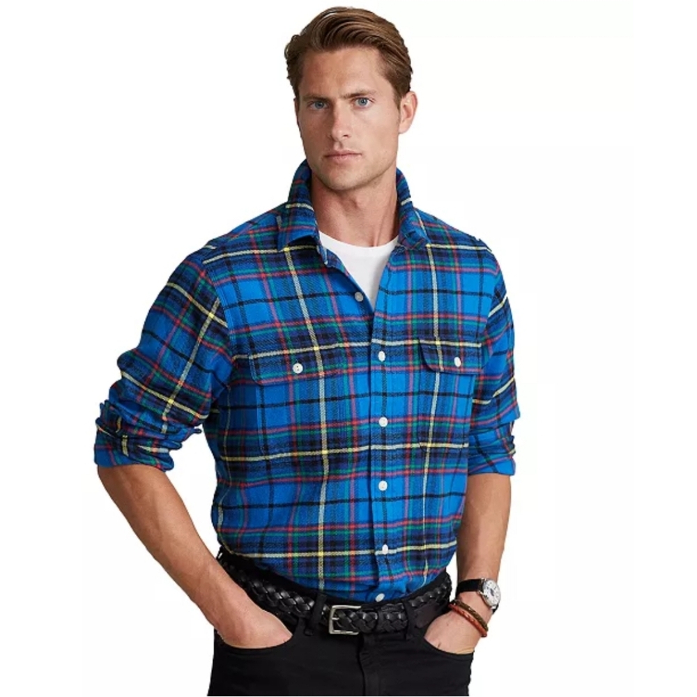 Polo Ralph Lauren Blue Plaid Classic Fit Cotton Flannel Button Up Shirt Size XL